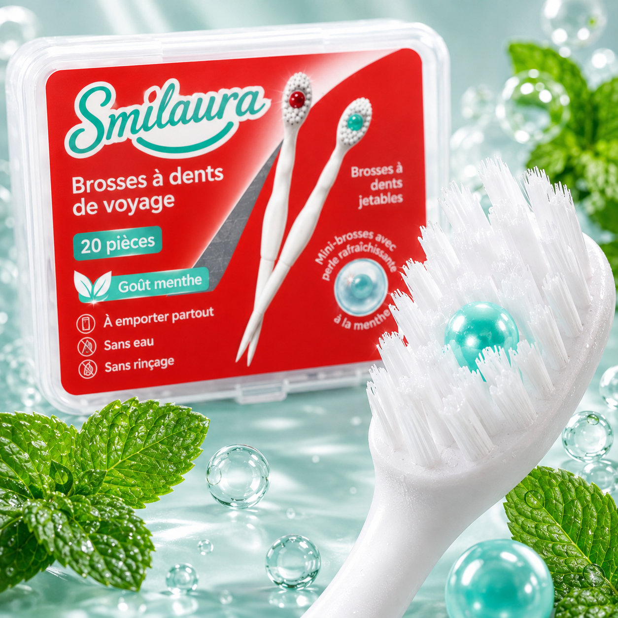 Zoom sur la tête de brosse à poils souples et la perle rafraîchissante à la menthe